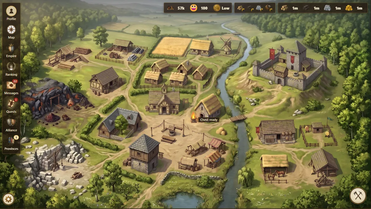 A Hinterkeep town: mills, farms, houses and a castle in a river valley.